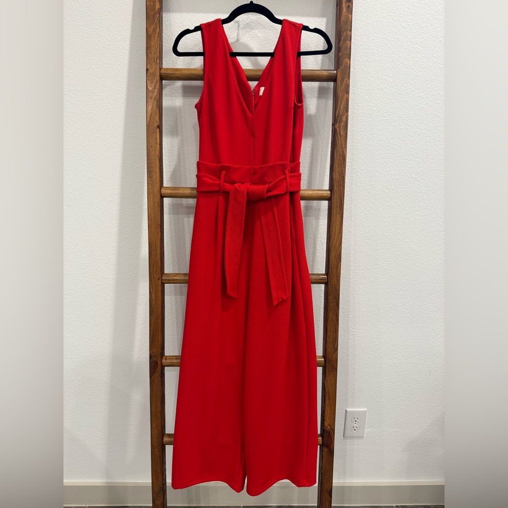 Anthropologie Red Sleeveless Belted Jumpsuit